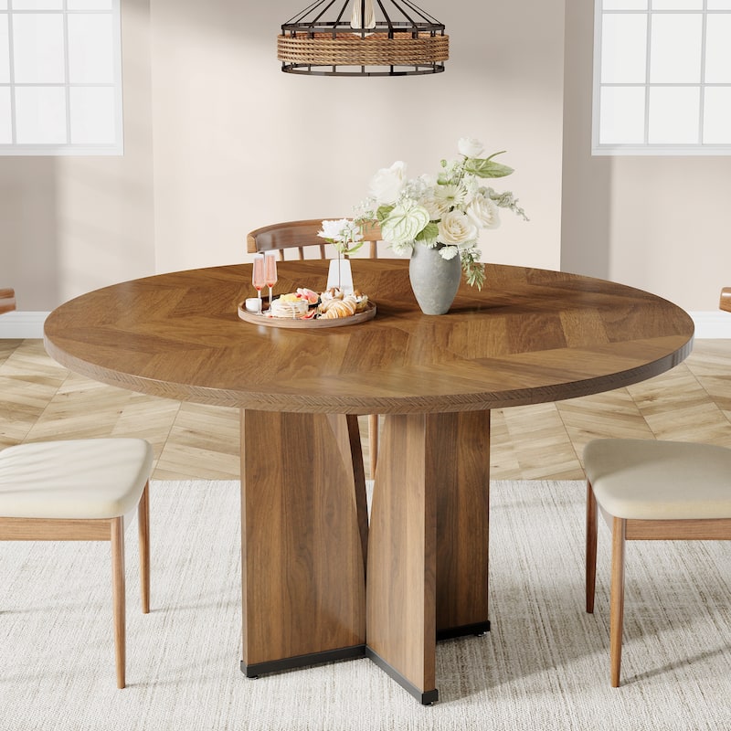 Farmhouse 39.37" Round Wood Kitchen Dining Room Table - Brown