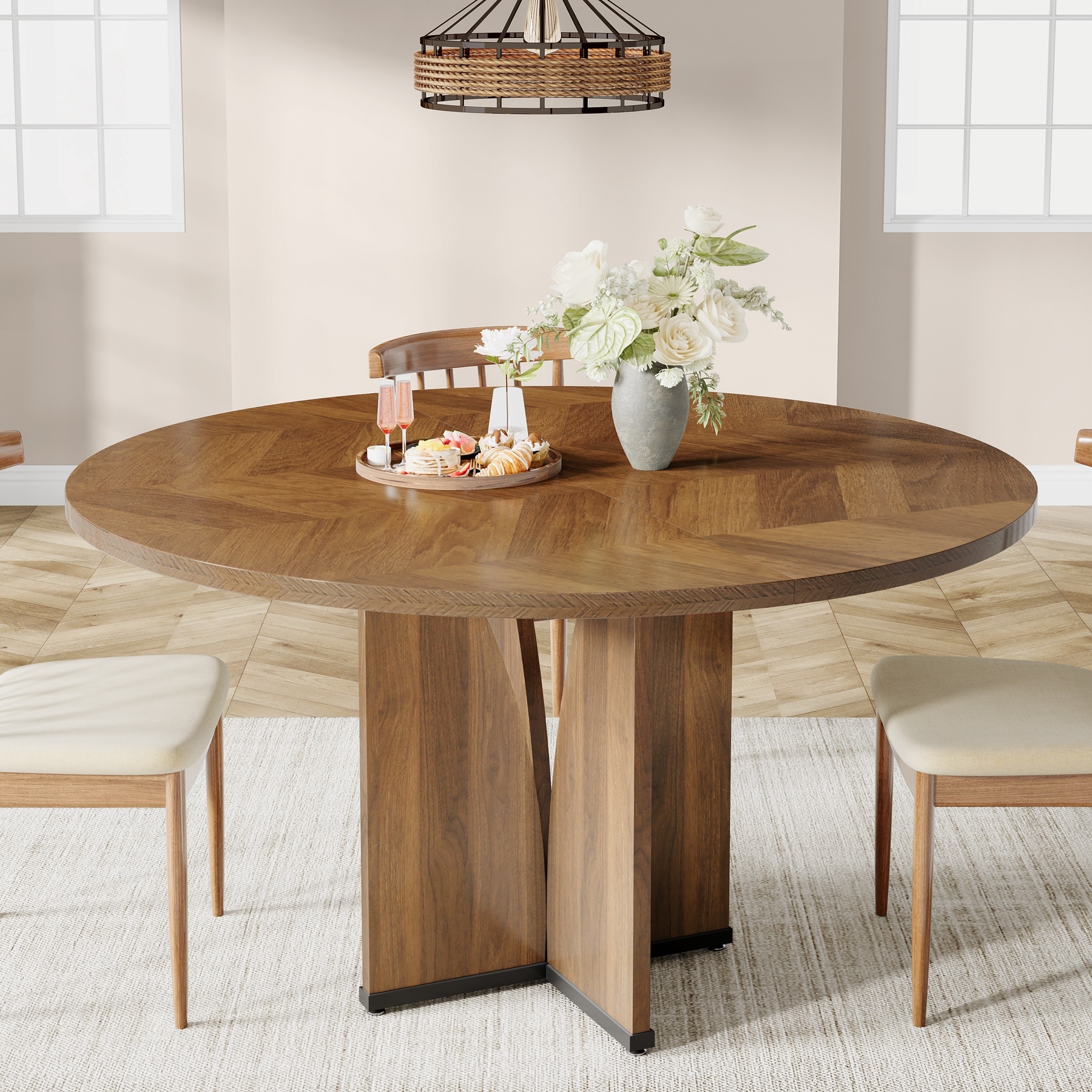 Wooden Large Dining Table, Round Kitchen Table for Dining/Living Room