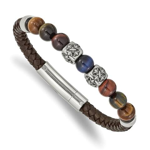 Chisel Stainless Steel Antiqued and Polished Multi-color Tiger's Eye Leather Bracelet