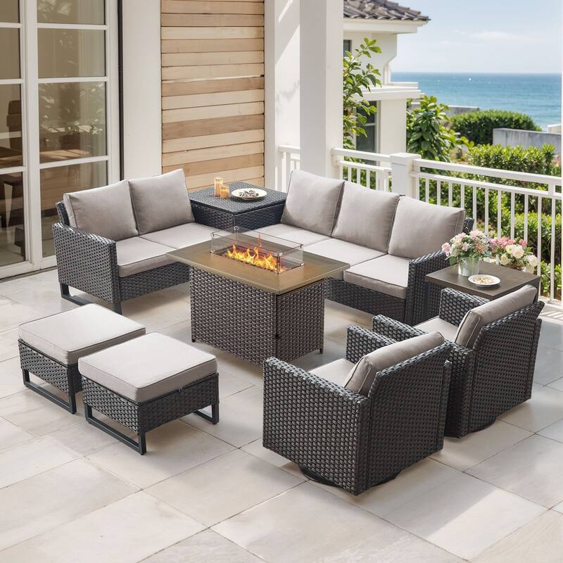 Gymojoy 9 Piece All-Weather Wicker Outdoor Patio Family Conversation Set Group With Fire Pit Table