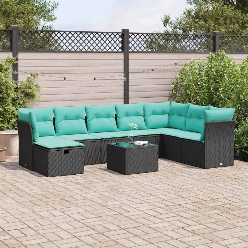 vidaXL 8 Piece Patio Sofa Set with Cushions Black Poly Rattan - 21.7 x 24.4 x 27.2 - Black-with storage (8-piece set)