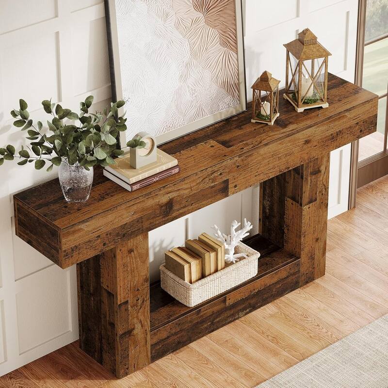 Farmhouse 2 Tiers Entryway Table, 63 Inches Console Table, Narrow Sofa Table