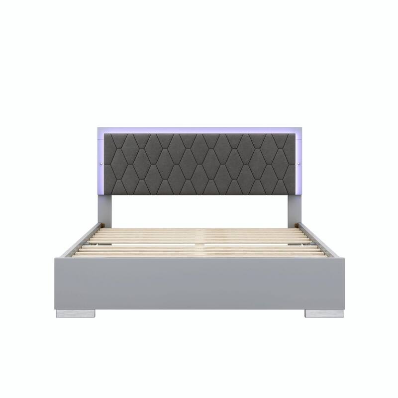 Queen Size Upholstered Bed with LED Lights, Modern Velvet Platform Bed