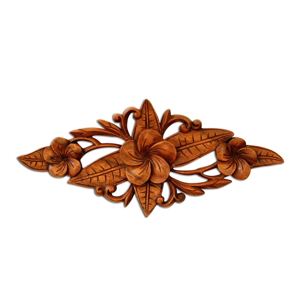 Wooden Hand Carved Wall Art Plumeria Flower Relief Panel Handcrafted Wall Plaque Gift Decorative Home Decor Accent Handmade