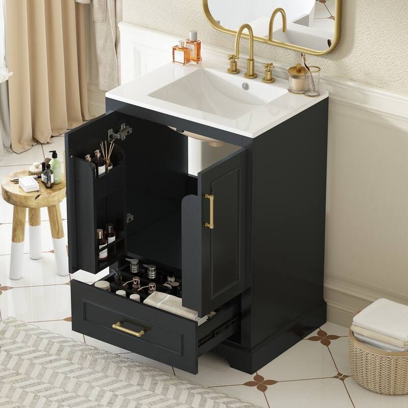 Bathroom Vanity with Ceramic Sink, Freestanding Bathroom Cabinet with Double Shelf, 1 Divided Drawer & 2 Soft Close Doors