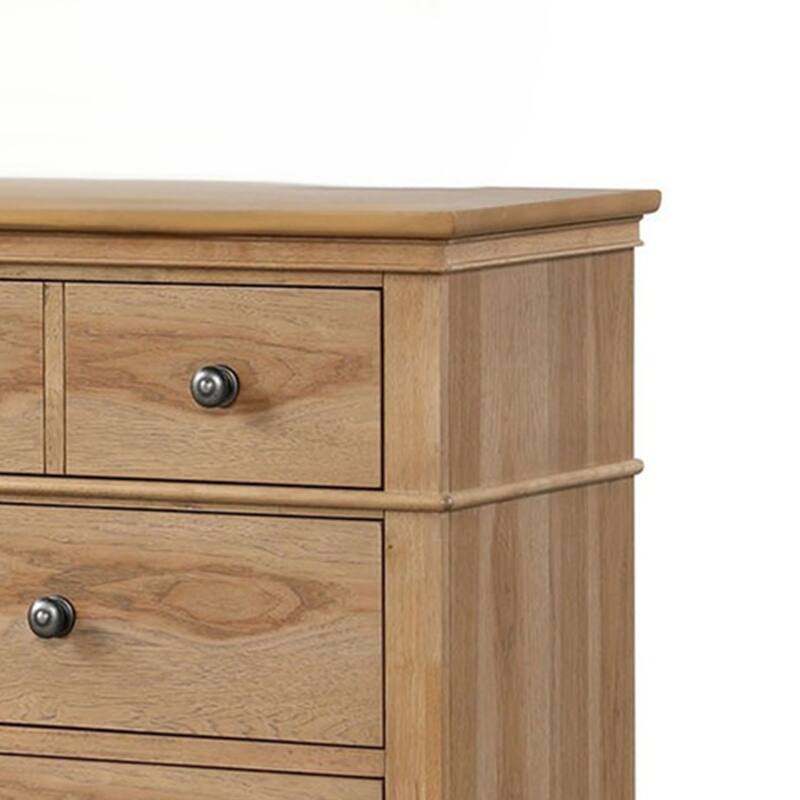 Lexa Wide Dresser, 6 Drawers, Natural Oak Brown Solid Wood, Pewter Metal