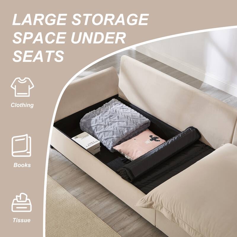 Modular Spacious Deep Seating Velvet Sofa with Storage, Removable Cushion Covers, Pillow Top Arms, Solid Wood Frame and Pillows