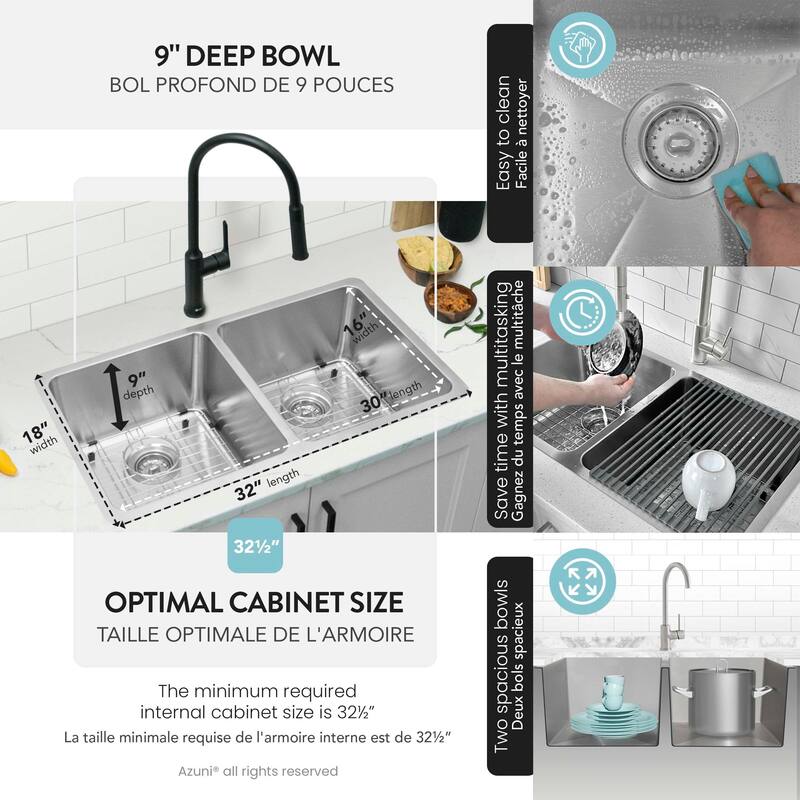 Maxi Dual Mount 32" Double-Bowl Stainless Steel Kitchen Sink C233 - 32" x 18" x 9"