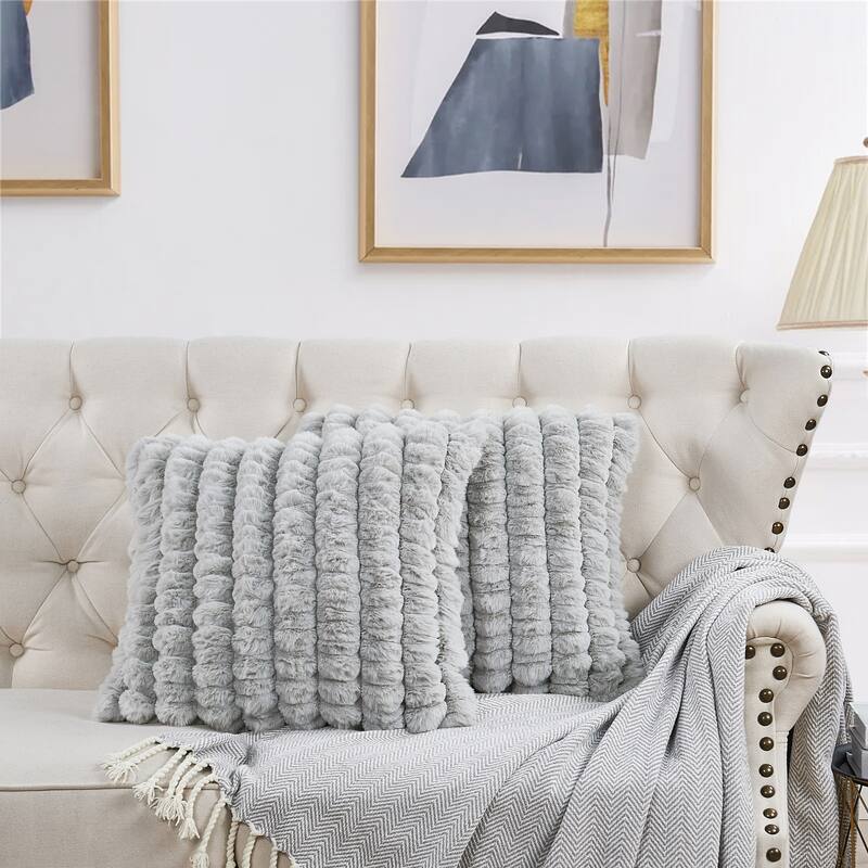 Spandex Striped Heavy ImitativeRabbit FauxFur Pillow Shell - 20" x 20" - Silver Grey