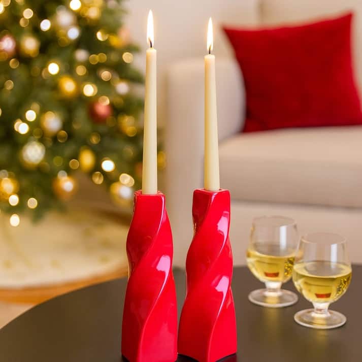 Red Tall Curvy Santa Fe Style Ceramic Candlesticks Set of Two