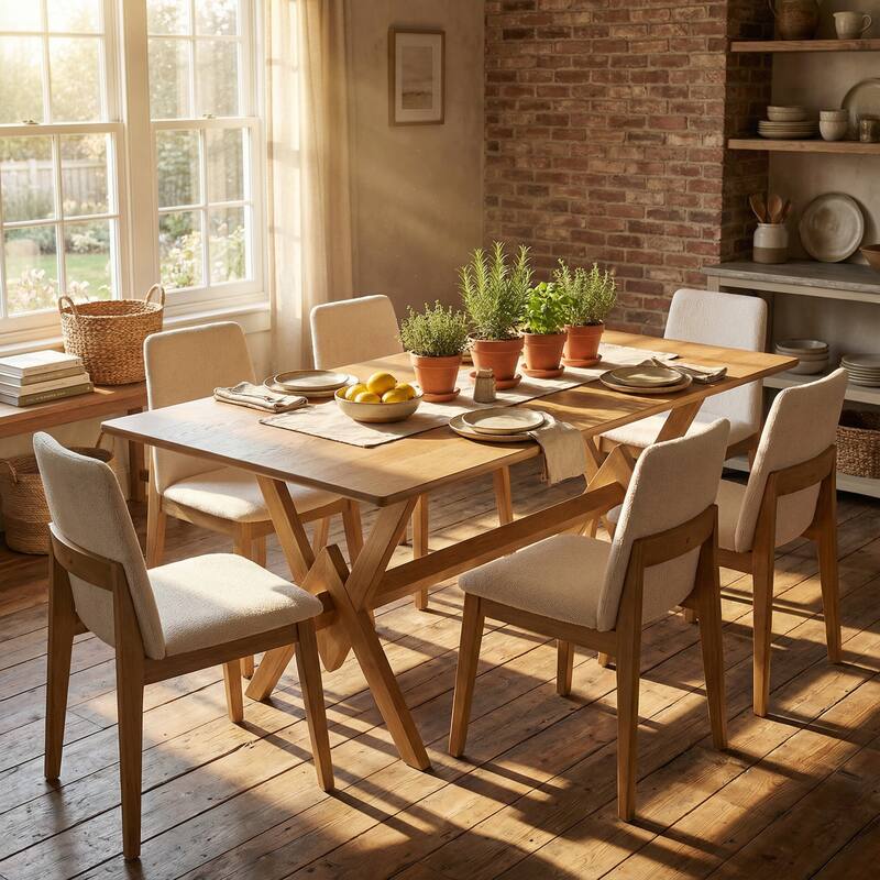 Christopher Knight Home - Modern 7-Piece Dining Set with Rectangular V-Base Dining Table & Upholstered Parsons Dining Chairs - 7-Piece - Beige+Natural Finish