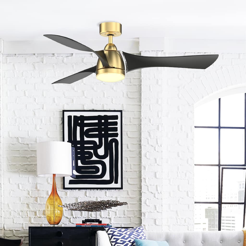 Fanimation Klear 56 inch Indoor/Outdoor Smart Ceiling Fan with LED CCT Select Light Kit and Remote - Brushed Satin Brass & Black