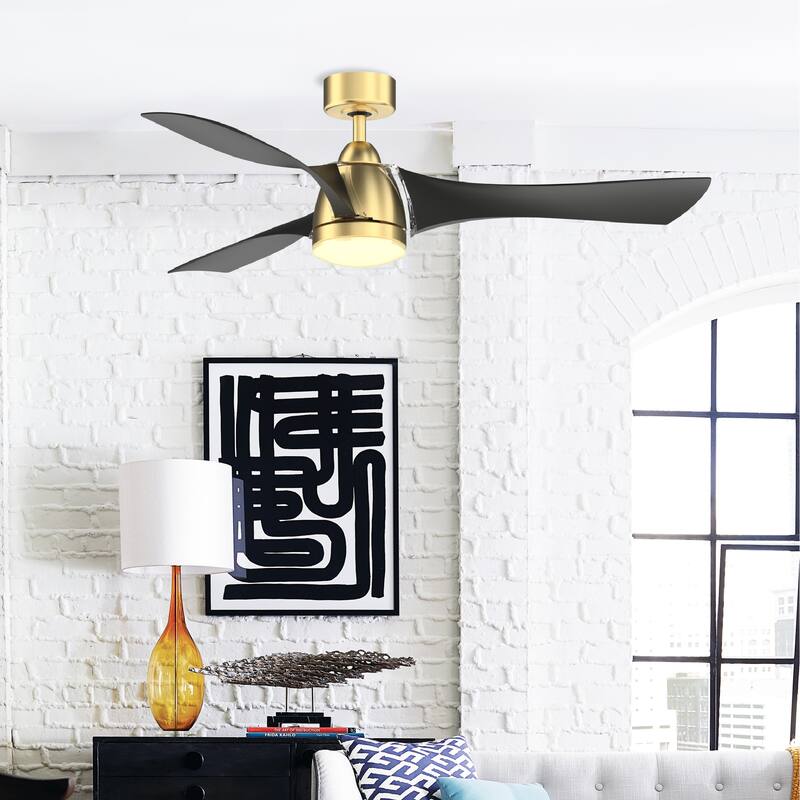 Klear 56 inch Indoor/Outdoor Ceiling Fan with Black Blades and LED CCT Select Light Kit - Brushed Satin Brass