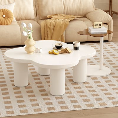 Modern Coffee Table Set of 2, Irregular Shape Coffee Table with Four Roman Column Legs and End Table with Glass Top