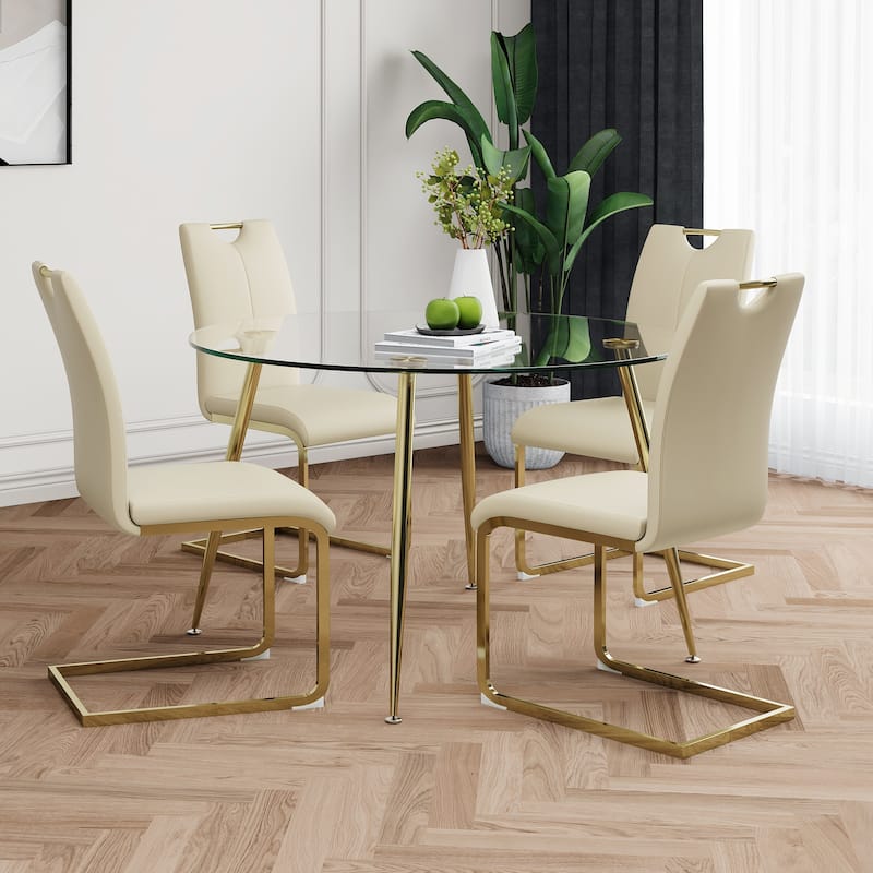 47.2" Luxury Glass Dining Table Set for 4, Circle Kitchen Table with 4 PU Chairs, 5-Piece Modern Dining Table and Chair Set - Light Yellow