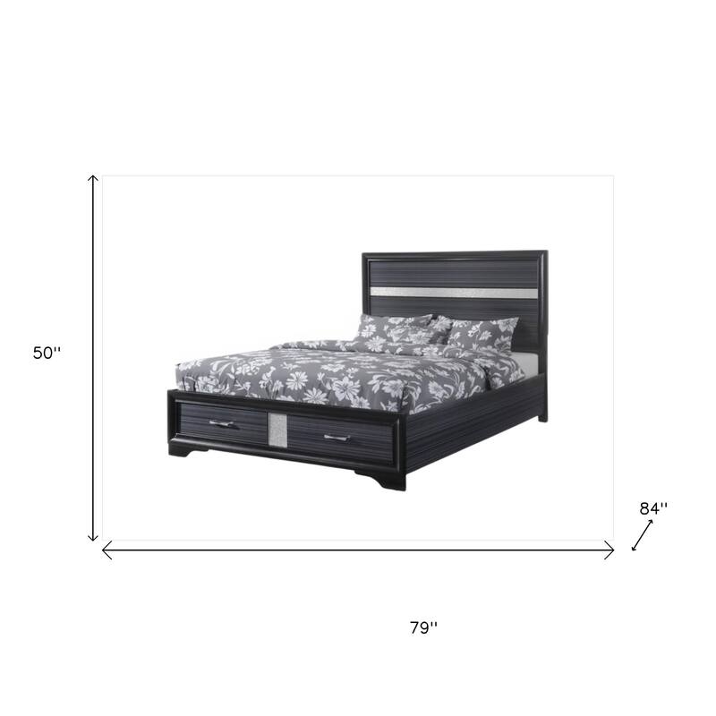 HomeRoots Black Gray and Silver Faux Crystal Bling Wood King Bed Frame With Two Drawers