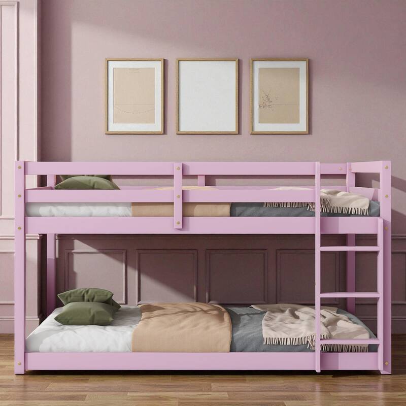 Solid Rubber Wood Twin Over Twin Floor Bunk Bed with Ladder, Low Height Design and Strengthened Slat Support - Pink - Twin
