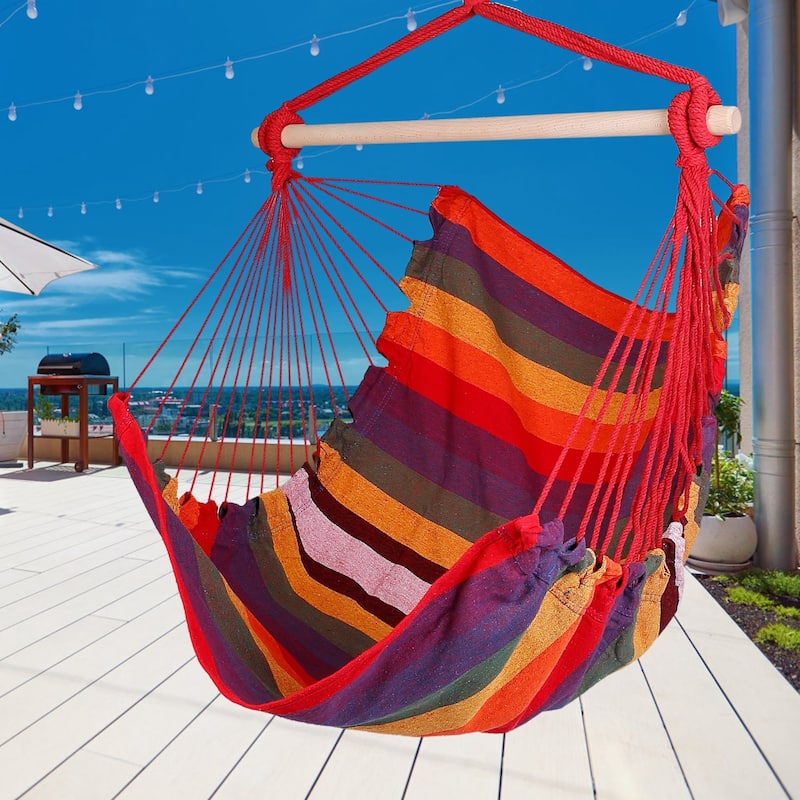 Cotton Canvas Swing Seat Hanging Hammock Chair with Pillows and Wooden Bar for Indoor or Outdoor - 39” x 51”
