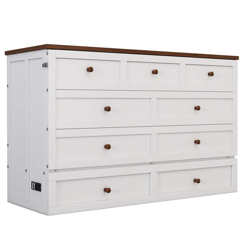 Modern Platform Murphy Bed, Full/Queen Size Mobile Murphy Cube Cabinet Bed w/ Drawer and Charging Station, Wood Murphy Bed Chest