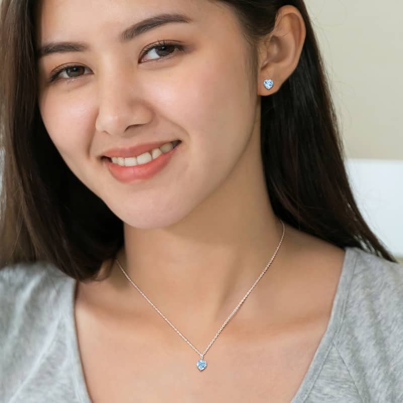 Miadora 6ct TGW Heart-Shape Sky Blue Topaz Solitaire Necklace and Stud Earrings Set Sterling Silver