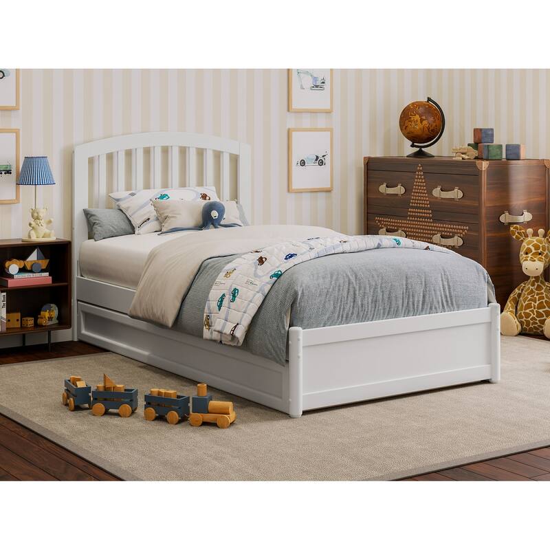 Twin Platform Bed with Trundle - White Mission Style Bed Frame & USB Charger