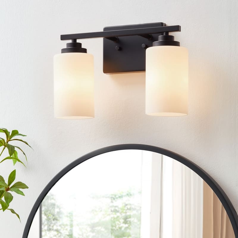 KAWOTI 2-Light Dimmable Bathroom Vanity Light with Frosted White Glass - Black