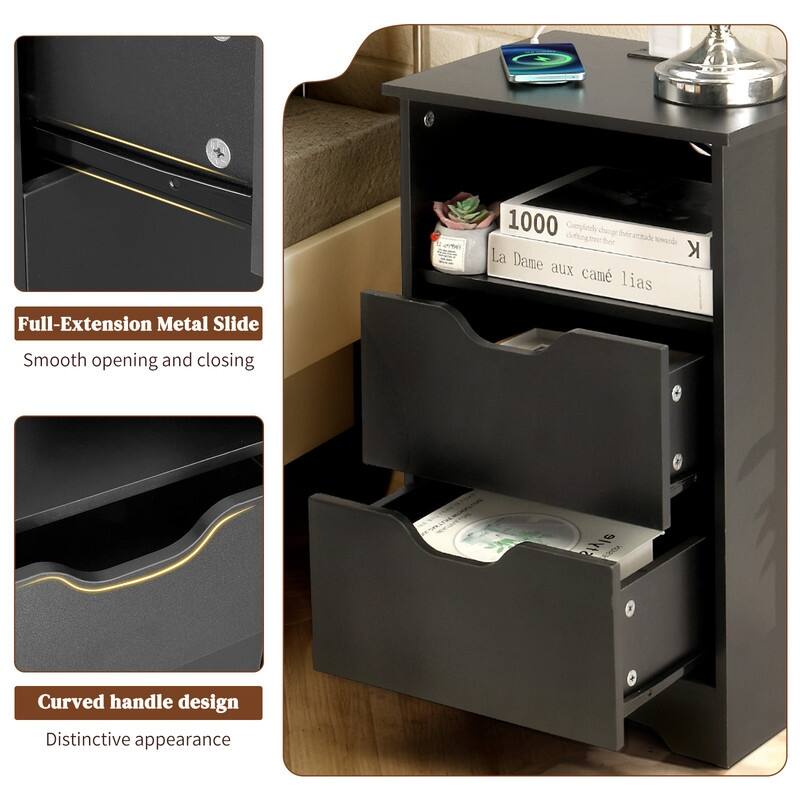 15.7"W Nightstand, P2 Particleboard, Matte Melamine, Handleless, 2 Drawers, US Outlet