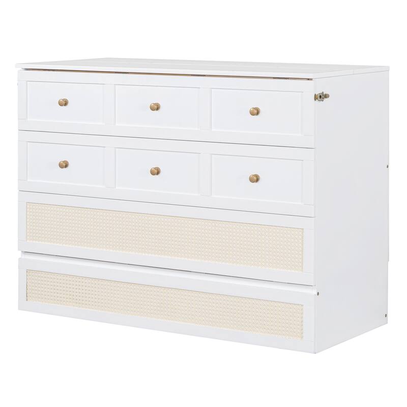 Full Size Murphy Bed Hidden Cabinet Bed with Drawer Underneath and Rattan Patterned, Clever Space Utilization Classic White