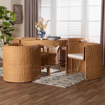 Ayumi 5-Piece Round Rattan Dining Set - Handwoven Wicker Scalloped Table and 4 Barrel Chairs, Boho Coastal Style
