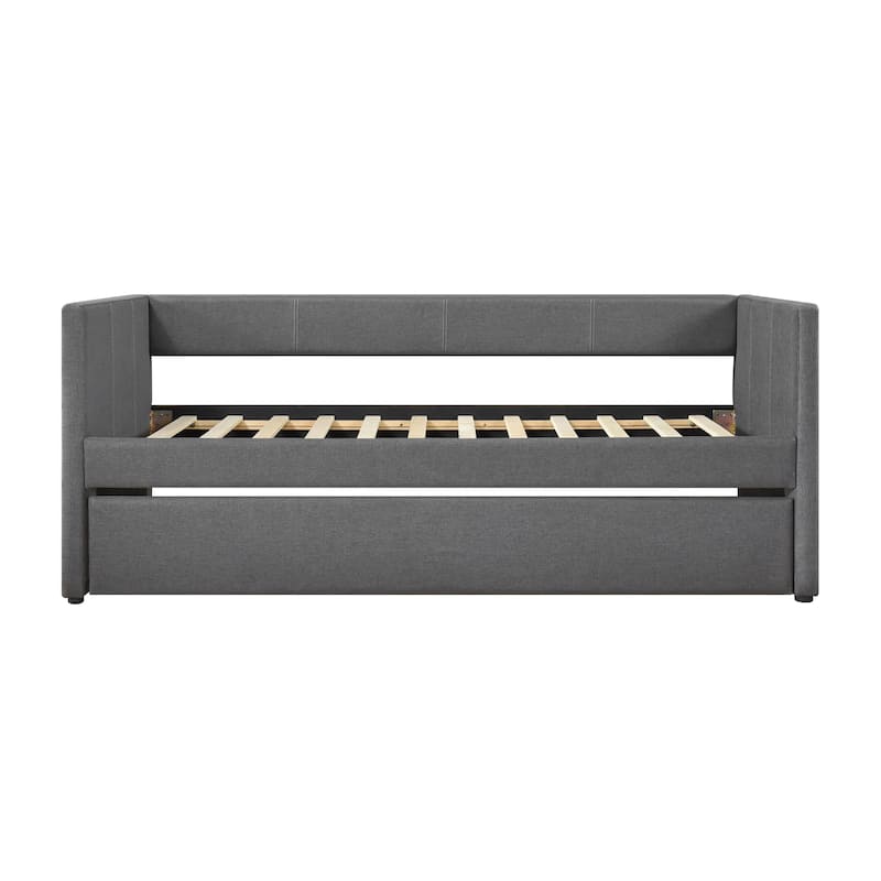 1pc Daybed with Trundle Beige Fabric Upholstery Wooden Frame