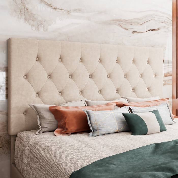 Low Profile Grey Linen Platform Bed with Button Tufted Headboard
