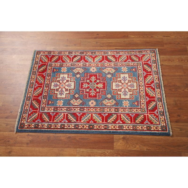 Blue Geometric Kazak Oriental Rug Handmade Wool Carpet - 2'0"x 3'0"
