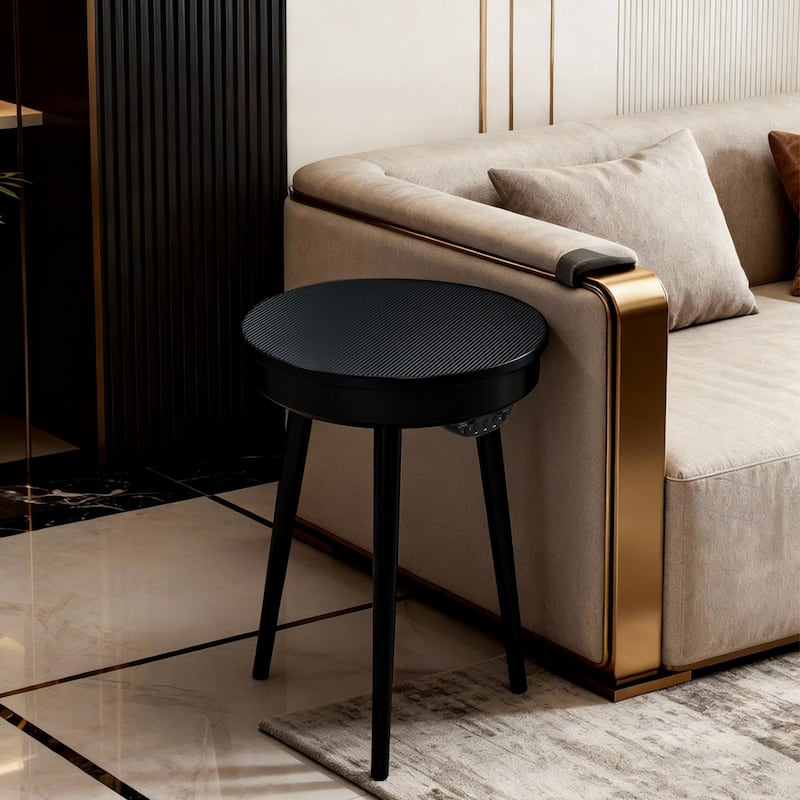 Round Smart End Table with Bluetooth Speaker Side Table LED Nightstand with USB Port