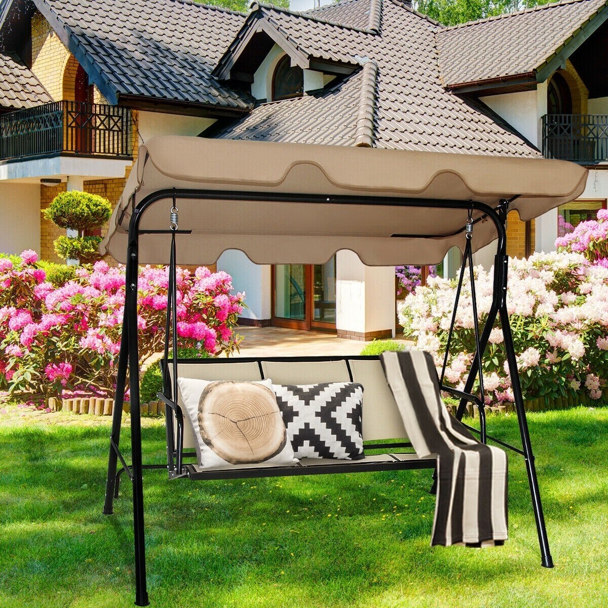Outdoor Patio Swing Canopy 3 Person Canopy Swing Chair-Brown - Brown
