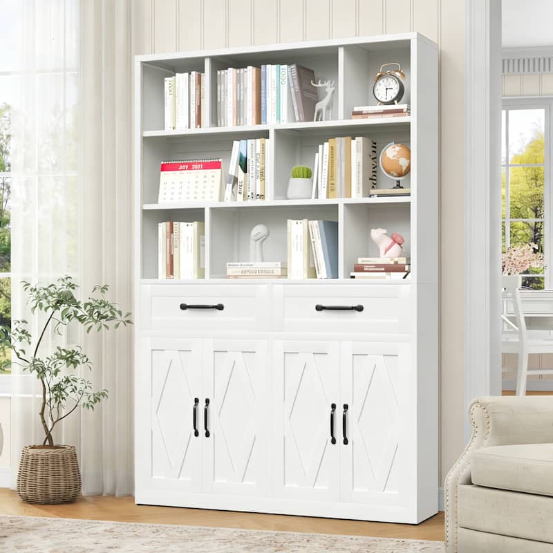 Rossetta 2-Door Modern Tall Metal Bookcase with Drawers and Fixed Open Shelves - White