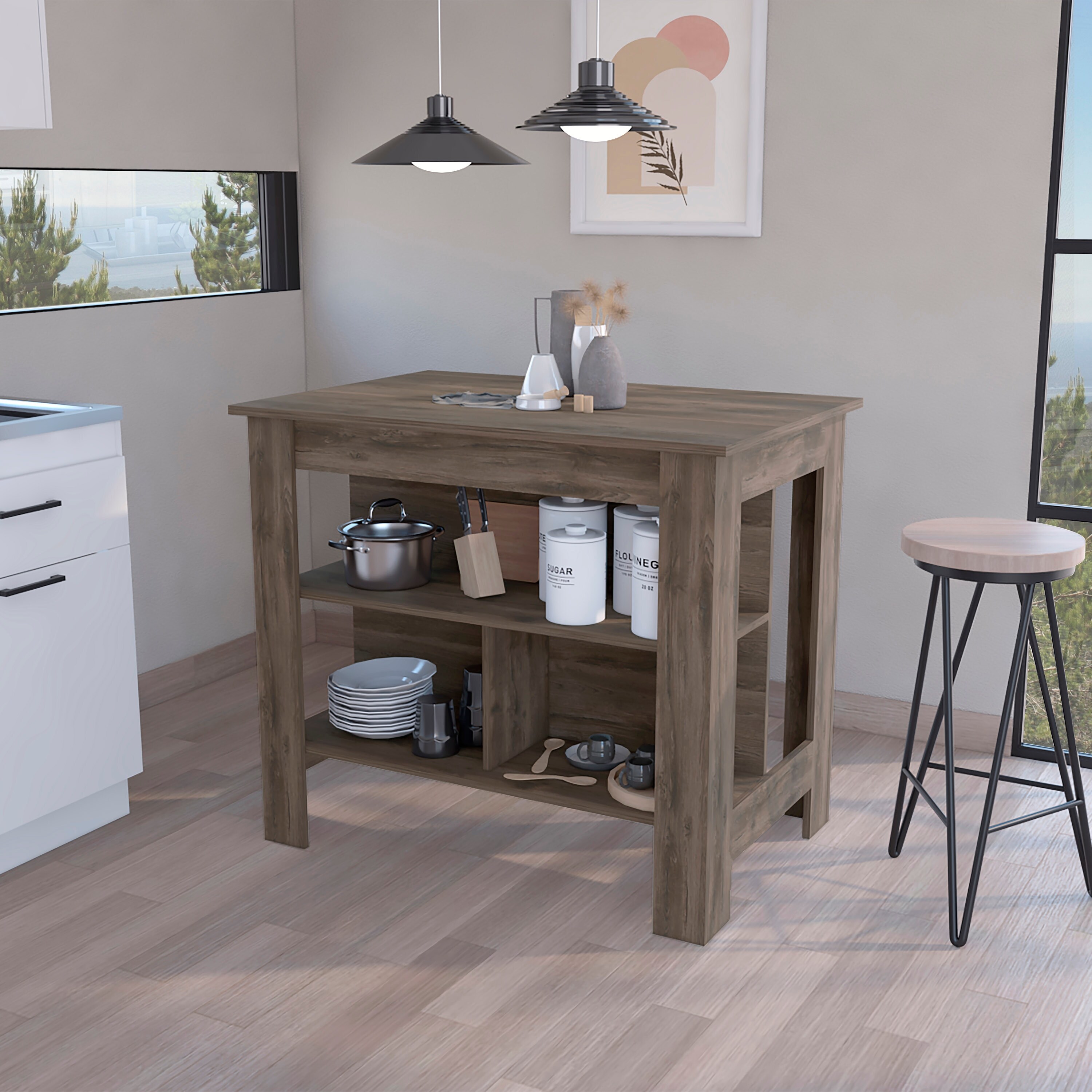 Modern Kitchen Island with Open Storage Microwave Stand Entrance