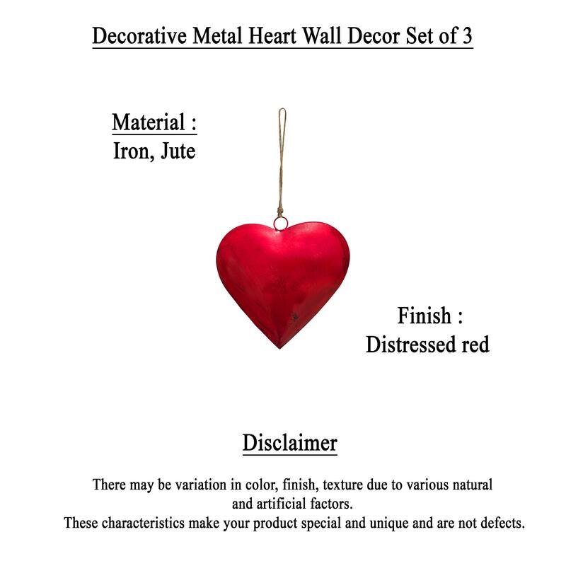 Myri Decorative Metal Heart Wall Decor Set of 3, Classic Red with Jute Hanging Rope, 12, 9.5, 7 Inches