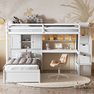 Twin over Twin Loft Bed with Built-in Desk and Staircase, With Storage Compartments and Shelves