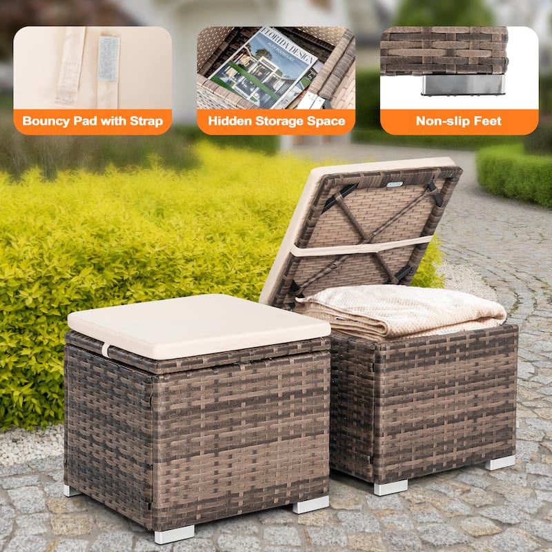 Nuu Garden Outdoor 2-Piece Wicker Ottoman with Storage and Cushion