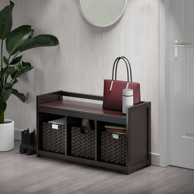 Addison 4-Pc Storage Bench with 3 Foldable Woven Baskets, Espresso and Chocolate - 37.4 x 13.5 x 20.87