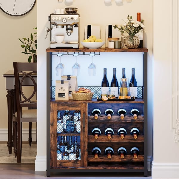 slide 2 of 9, 3-Tier Wine Bar Cabinet with LED Lights, Detachable Wine Rack and Storage Space,Grey - 27.2x13.8x36.2in Brown