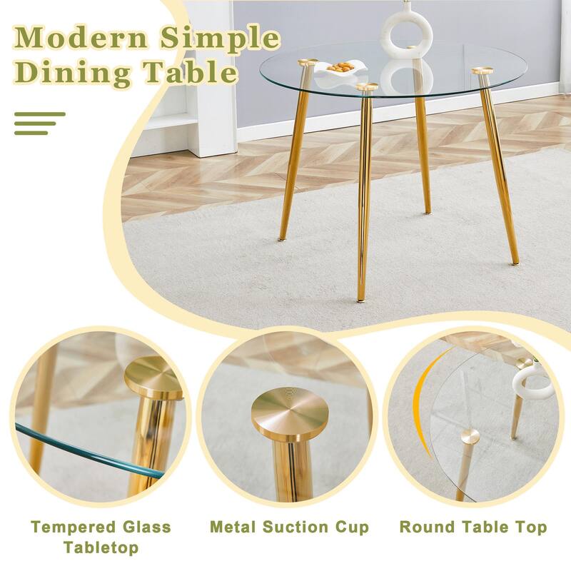 Roomfitters Round Glass Dining Table with Gilded Metal Legs for Elegant Dining Living Room or Small Spaces, Transparent