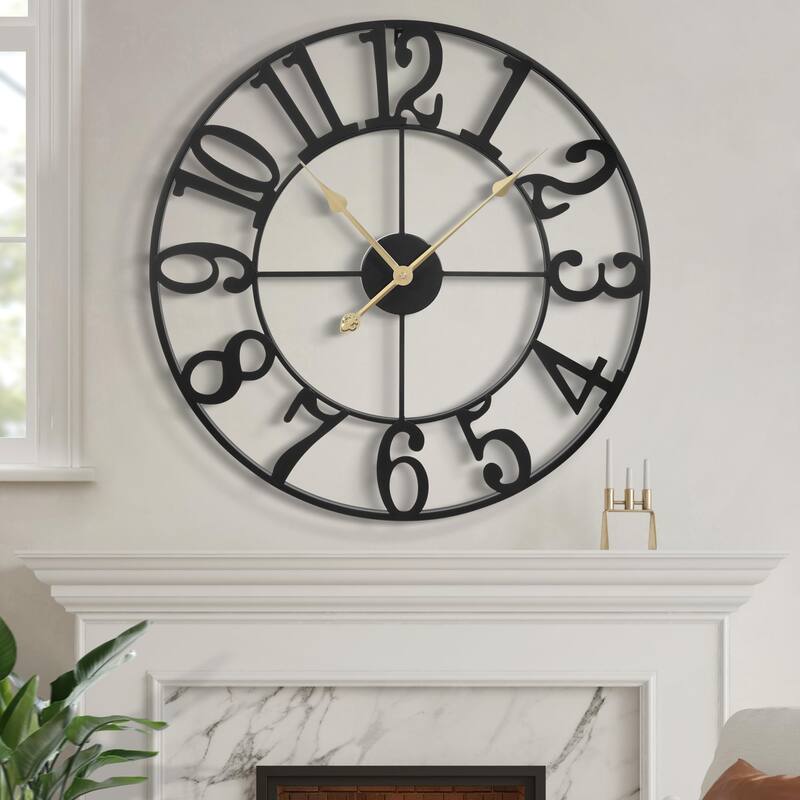 Large Wall Clock, Silent Non-Ticking, Battery Operated 24-Inch Metal Clock, Oversized, Decorative Retro Clock for Farmhouse - Black
