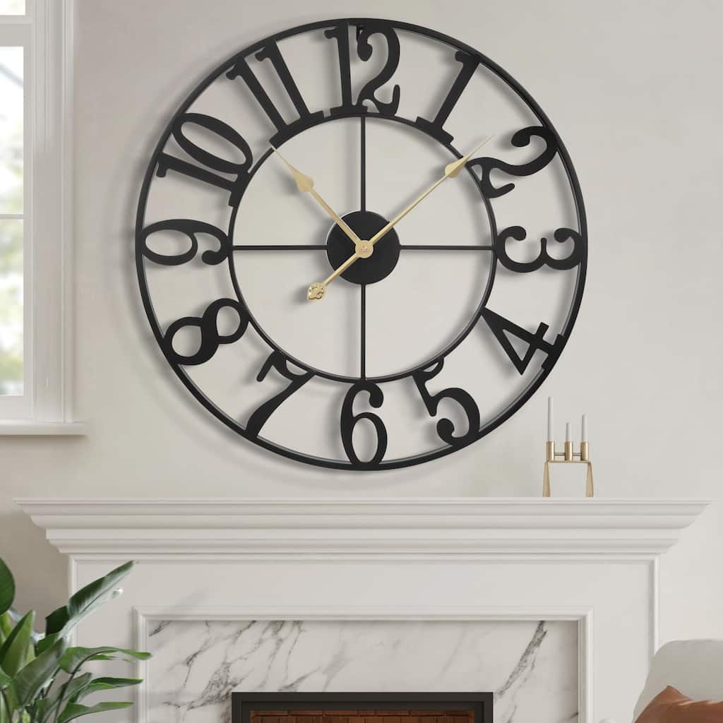 Large Wall Clock, Silent Non-Ticking, Battery Operated 24-Inch Metal Clock, Oversized, Decorative Retro Clock for Farmhouse