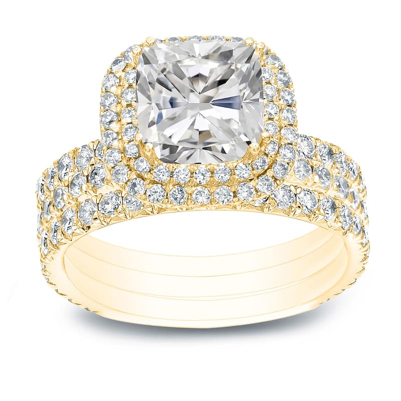 Auriya 2 1/2ctw Cushion-cut Halo Diamond Engagement Ring 3pc Set 14k Gold Certified - Yellow - 7