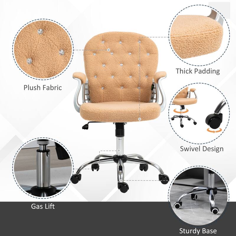 Teddy Fleece Home Office Chair, Button Tufted Desk Chair with Padded Armrests, Adjustable Height and Swivel Wheels