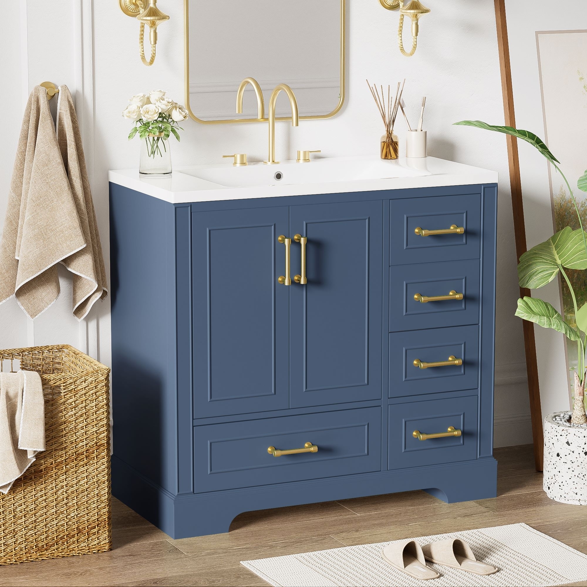 B324♡B393♡B251♡B048 36 in. W Bathroom Vanity with White Resin Sink, Two Doors and Four