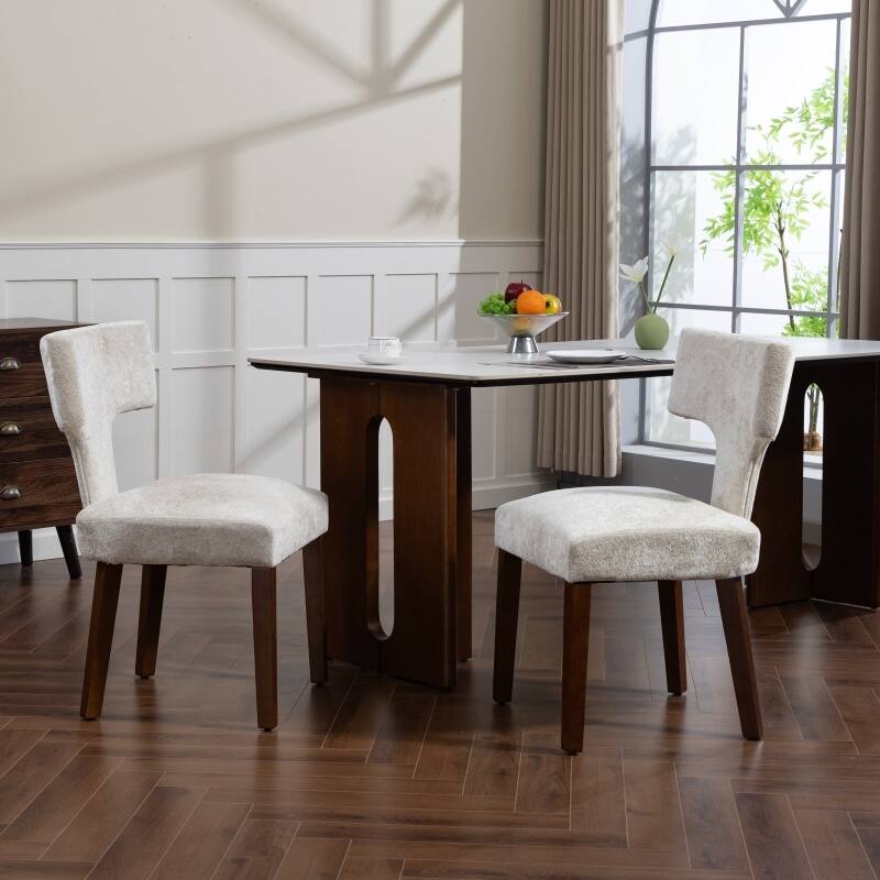 Linen Upholstered Dining Chairs Set of 2, Ergonomic Armless Side Chairs, Kitchen Chairs with Curved Back & Hardwood Frame