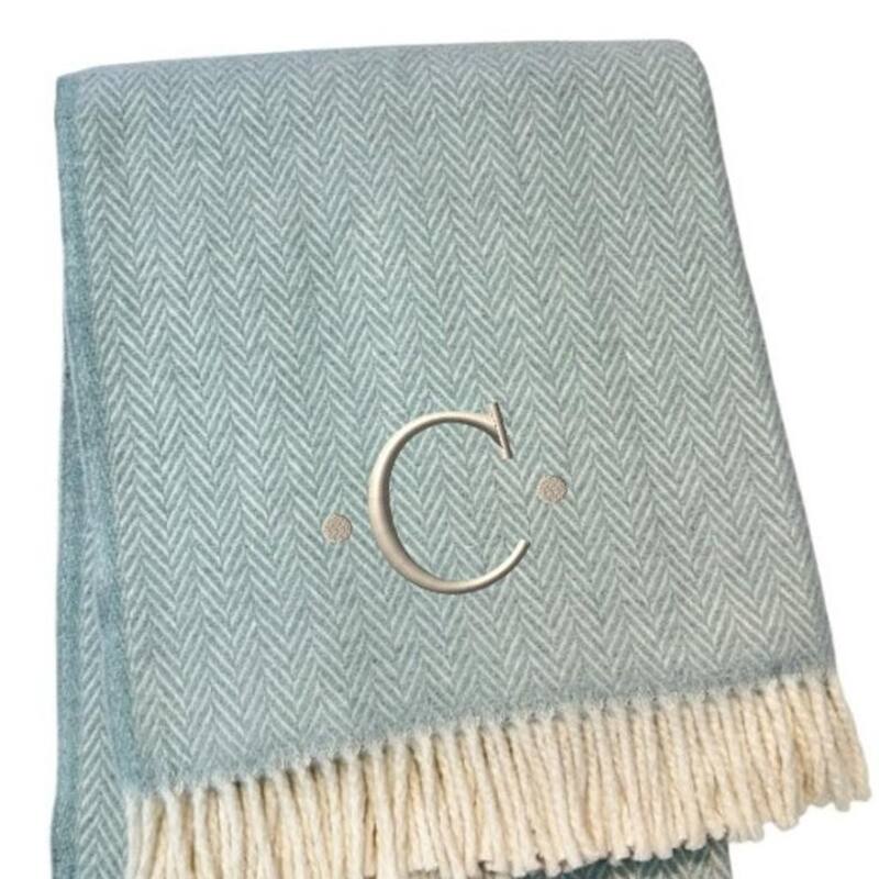 HomeRoots 55" X 70" Sky Blue And White Herringbone Cotton Blend C Initial Throw Blanket with Tassels And Embroidery