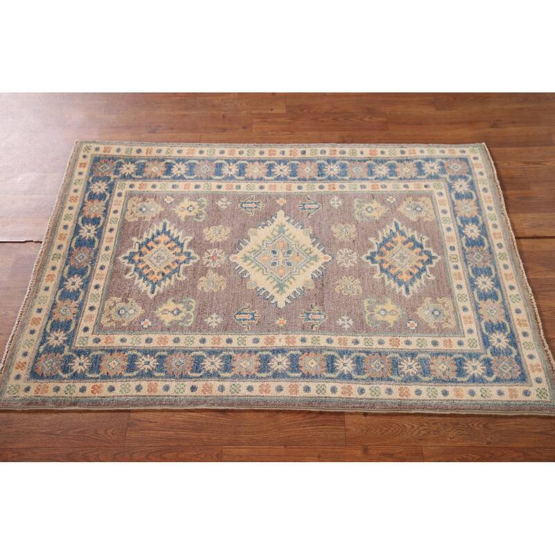 Geometric Kazak Oriental Accent Rug Hand-Knotted Beige Wool Carpet - 2'8"x 3'10"
